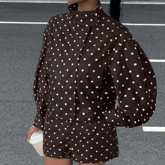 Casual Women's Polka Dot Print Long Sleeve Zip-Up Jacket & shorts set - Picture 5 of 6